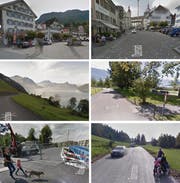 Flächendeckend auf dem Kartendienst von Google (von oben links im Uhrzeigersinn): Stans, Sursee, Sarnen, Zugerberg, Rathausenbrücke in Emmen und Seelisberg. (Bilder: Google Street View)