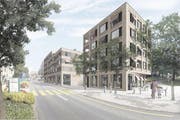 So soll es im Hünenberger Dorfkern dereinst aussehen: Im Vordergrund ist das Gebäude mit den Alterswohnungen zu sehen, im Hintergrund der Grossverteiler. (Bild: Visualisierung PD)