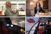 Sorgten für Schlagzeilen im Jahr 2015: Emil Steinberger (mit 82 nochmals auf Tournee), Monopol-Direktorin Brigitte Heller (die nicht länger zusieht, wie Touristen halb volle Teller stehen lassen), die neue Luftseilbahn auf den Pilatus und Testfahrten mit 200 km/h im Gotthard-Tunnel. (von oben links im Uhrzeigersinn). (Bilder Keystone / Neue LZ)