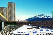 Biathlon-Wettkämpfe in der Luzerner Swissporarena: So stellen sich die Organisatoren die Olympic Youth Games in Luzern vor. (Bild: Visualisierund PD)