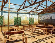 Zufriedenstellend ist in diesem Schulzimmer einzig die Aussicht auf den üppig spriessenden Mais. (Bild: Yasmin Kunz (Mwea, Kenia, 2. Dezember 2017))