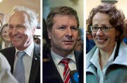 Sie treten im zweiten Wahlgang an: Paul Winiker (SVP), Marcel Schwerzmann (parteilos) und Felicitas Zopfi (SP). (Bilder Corinne Glanzmann)
