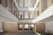 So soll die Empfangs- und Schalterhalle aussehen. (Bild: Visualisierung: Studio 12)