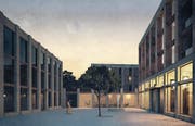 Blick in den Hof des Willisauer Bauprojekts «Im Grund»: Hier treffen sich bald Kindergärtler, Pfarreiangestellte und Bewohner. (Bild: Visualisierung: PD)