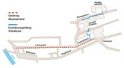 Vom Falkenplatz bis zum Mühlenplatz: So sieht die Baustelle vom 7. September bis im Juni neu aus. (Bild: Grafik Real)