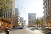 In der äusseren Lorzenallmend soll ein neues Quartier mit zahlreichen Hochhäusern, einer durchgehenden Chollerstrasse und einem Park entstehen. Rund 5000 Leute werden hier dereinst arbeiten. Ausserdem entsteht Wohnraum für 3000 Personen. (Bild: Visualisierung PD)