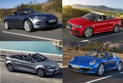 Von eher günstig bis teuer, Beispiele neuer Cabrios: Mazda MX5 (oben links, ab Fr. 29 900), VW Golf Karmann (unten links, ab Fr. 32 200), Audi S3 (oben rechts, ab Fr. 66 750), und Porsche 911 Targa (unten rechts, ab Fr. 166 500). (Bilder PD)