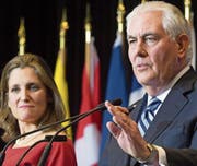 Gastgeber des Treffens: die kanadische Aussenministerin Chrystia Freeland und ihr US-amerikanischer Amtskollege Rex Tillerson bei einer Pressekonferenz in Vancouver. (Bild: Jonathan Hayward/AP (16. Januar 2018))