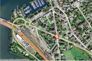Die Kreuzung Stanser-/ Bahnhofstrasse (rot eingekreist) in Stansstad. (Bild: map.search.ch)