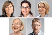 Ihre Namen stehen im Raum: (von links, oben)Mirjam Fries, Pia Maria Brugger, Franziska Bitzi, (unten) Caroline Kuhn und Roger Sonderegger.
