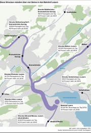 Visualisierung aller Zugstrecken, die in den Luzerner Bahnhof münden. (Bild: VBL / Grafik: Lea Siegwart)