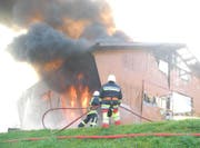 Stall in Vorderthal steht in Flammen. (Bild: Kantonspolizei Schwyz)