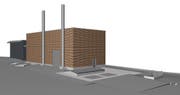 Aussenperspektive der neuen Heizzentrale an der Holzhofstrasse 8 in Einsiedeln. (Bild: Visualisierung: PD)