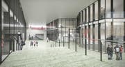 So wird die Bahnhofhalle in Andermatt dereinst aussehen. (Bild: Visualisierung: PD)