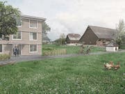 Entwurf eines dreigeschossigen Baus mit Hofladen, im Hintergrund der historische Meierhof.Visualisierung (Bild: : PD)