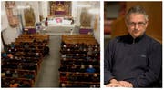 200 Bürger verfolgen die Kirchgemeindeversammlung der Gemeinde Bürglen am Donnerstagabend, rechts ihr Pfarrer Wendelin Bucheli. (Bild: Keystone)