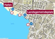 Vom Hafen bis zum Landsgemeindeplatz entlang der Seeanlagen gibt es ein Velofahrverbot. (Bild: Map4news)
