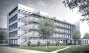 So könnte das Hochschulgebäude – von der Kleinen Emme aus betrachtet – dereinst aussehen. Wo künftig Balkone eingerichtet werden könnten, steht heute ein Hochregallager. (Bild: Visualisierung PD)