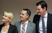 Die FDP-Bundesratsanwärter Isabelle Moret, Ignazio Cassis und Pierre Maudet. (Bild: Jean-Christophe Bott/Keystone (Fribourg, 25. August 2017))