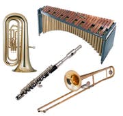 Instrumente, die auch am Musikfest in Sempach gespielt werden: Tuba, Marimbafon, Piccolo und Posaune. (Bilder: Getty)