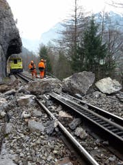 Zwischen Meiringen und dem Brünig sind rund 6 Kubikmeter Fels auf das Trassee der Zentralbahn gestürzt. (Bild: Zentralbahn (Meiringen, 24. März 2017))