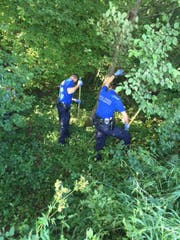 Polizisten suchen am Tatort nach Spuren vom Täter. (Bild Luzerner Polizei)