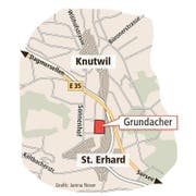 Knutwil hat Grosses vor auf dem Grundacher: Hier sollen sich dereinst neue Infrastrukturbauten konzentrieren (Bild: Grafik Jana Noser / Neue LZ)
