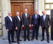 Die neue Luzerner Regierung (von links): Robert Küng (FDP, bisher), Marcel Schwerzmann (parteilos, bisher), Reto Wyss (CVP, bisher), Guido Graf (CVP, bisher) und Paul Winiker (SVP, neu). (Bild: bac)