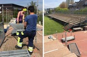 Helfer beim Aufbau der Tribüne in Hünenberg. (Bilder PD)