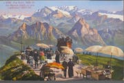 Gigantische, bisher kaum gesehene Aussicht: Im Hintergrund die Mythen vor dem Glärnisch. Ansicht auf einer Postkarte. (Bild: PD/Regionalmuseum Vitznau-Rigi)