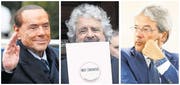 Sie prägen den Wahlkampf (von links): Ex-Premier Silvio Berlusconi, Movimento-5-Stelle-Chef Beppe Grillo und Regierungschef Paolo Gentiloni. (Bilder: Julien Warnand/EPA, Gregorio Borgia/AP, Salvator Di Nolfi/Keystone)