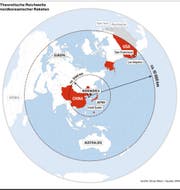 Die theoretische Reichweite nordkoreanischer Raketen. (Bild: Grafik: Oliver Marx / Quelle: DPA)