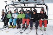 Viel Prominenz auf der Eröffnungsfahrt; von links: Heidi Z’graggen, Marc Girardelli, Peter Furger, Josef Dittli, Samih Sawiris und Bernhard Russi. (Bild: Elias Bricker (Andermatt, 10. März 2018))