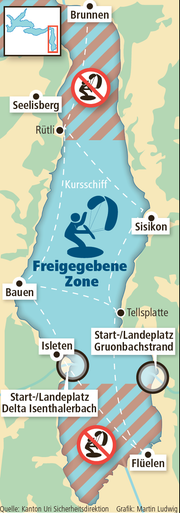 Hier sieht man welche Fläche die Kitesurfer künftig nutzen dürfen. (Bild: Martin Ludwig)