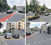 An diesen Einmündungen aus Quartierstrassen sollen Ampeln aufgestellt werden (von oben links im Uhrzeigersinn): Kaspar-Kopp-Strasse in Luzernerstrasse, Kanonenstrasse in Bernstrasse, Gesegnetmattstrasse in Haldenstrasse und Wesemlinstrasse in Zürichstrasse. (Bilder Nadia Schärli)