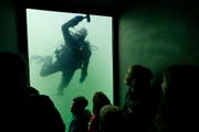 Am Mittwochnachmittag reinigte Vinka Looser die Scheibe des Kunstwerks «Seesicht» von Roman Signer, das sich unterhalb der Rössliwiese in Zug befindet. (Bild Stefan Kaiser)