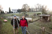 Hier beim Kleintiergehege hinter der Emmer Mooshüsli-Badi wollen Raphael Beck (links) und Daniel Burch den Spielplatz realisieren. (Bild: Manuela Jans / Neue LZ)