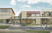 So soll dereinst der Erweiterungsbau der Schulanlage Riedmatt aussehen. (Bild: Visualisierung: PD)