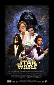 Die Hauptfiguren der ersten Trilogie, Teile 4 bis 6 (von links): der alte Obi Wan Kenobi, Luke Skywalker, Yoda, Darth Vader (hinten), Prinzessin Leia, Han Solo. (Bild: PD)