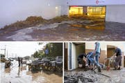 Verwüstet: Tiefgarage in Wollerau (oben) sowie Post (unten links) und Dorf in Pfäffikon. (Bild: Leserbild / Keystone)
