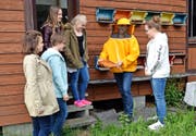 Umschwirrt im Lehrbienenstand: Bieneninspektor Sepp Windlin zeigt den Mädchen ein ebenso fleissiges wie faszinierendes einheimisches Tierchen. (Bilder Romano Cuonz)