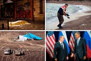 Sorgte u.a. international für Schlagzeilen: Anschläge von Paris, das Foto des dreijährigen Aylan, ein Nicht-Handschlag zwischen Vladimir Putin und Barack Obama (von oben links im Uhrzeigersinn) und der Flugzeugabsturz im Sinai. (Bilder Keystone)