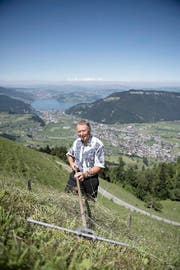 Sepp Odermatt beim Heuen auf der Chalcherli-Alp.seiner Alp am Stanserhorn. (Bild: Corinne Glanzmann / Neue NZ)