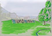 Zudem sollen Wassertreppen mit Sitzbänken geschaffen werden. (Bild: Zeichnung Chris Aschwanden)