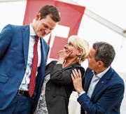 Die drei Bundesratskandidaten präsentierten sich gestern am Tag der FDP in Auvernier (Neuenburg). (Bild: Keystone/Valentin Flauraud)