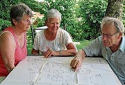Barbara Heldstab (Mitte), Vreni und Ernst Steffen studieren den Originalplan des Kreativ-Spielplatzes. (Bild: Cornelia Bisch (Sins, 23. Juni 2017))