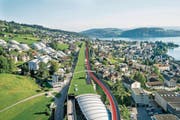 Die Einfahrt von der A8 bei Hergiswil wird länger und der Pannenstreifen bei viel Verkehr Richtung Luzern zur dritten Spur (rote Strecke). (Bild: Astra)