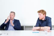 Debattieren über den Stadttunnel: Regierungsrat Heinz Tännler (links) und Andras Lustenberger, Kantonsrat für die Alternative-die Grünen. (Bild: Stefan Kaiser / Neue ZZ)