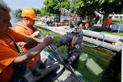 Berufstaucher Miklos Erismann geht für Roman Signers Skulptur «Seesicht» ins Wasser. (Bild: Stefan Kaiser)