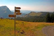 115 solcher roter Tafeln, wie hier bei der Schrottenegg, zieren die neue O-Tour-West-Route. (Bild PD)